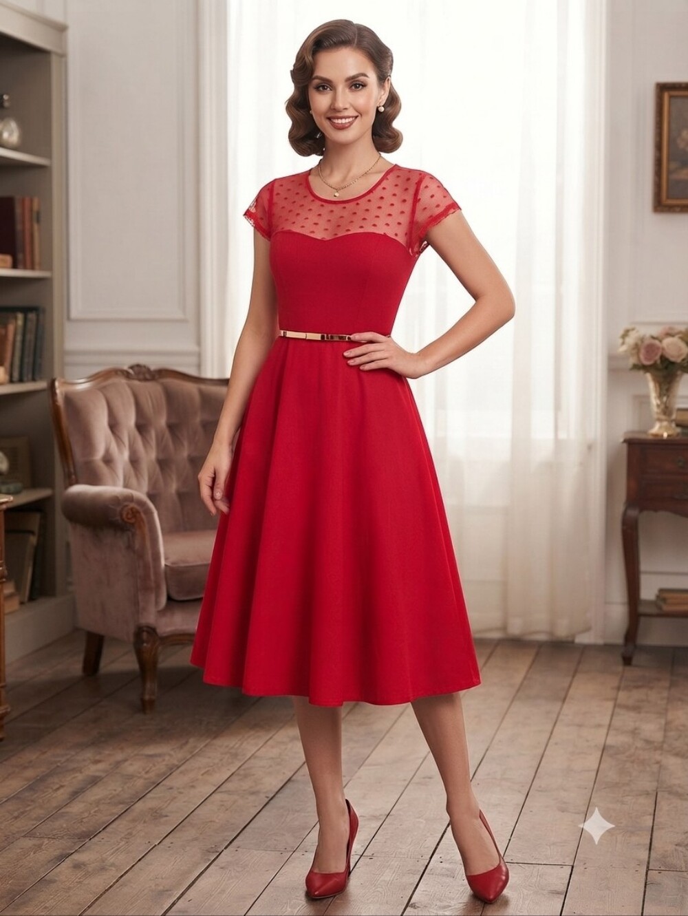 Gowntown Women's red retro-style fit-and-flare dress Heart Lace Detail Sz S NWT